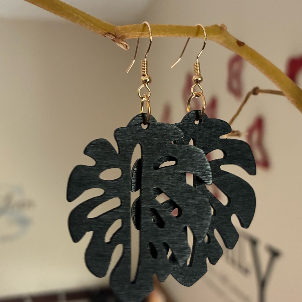 Black Leaf Earrings with Gold Hooks